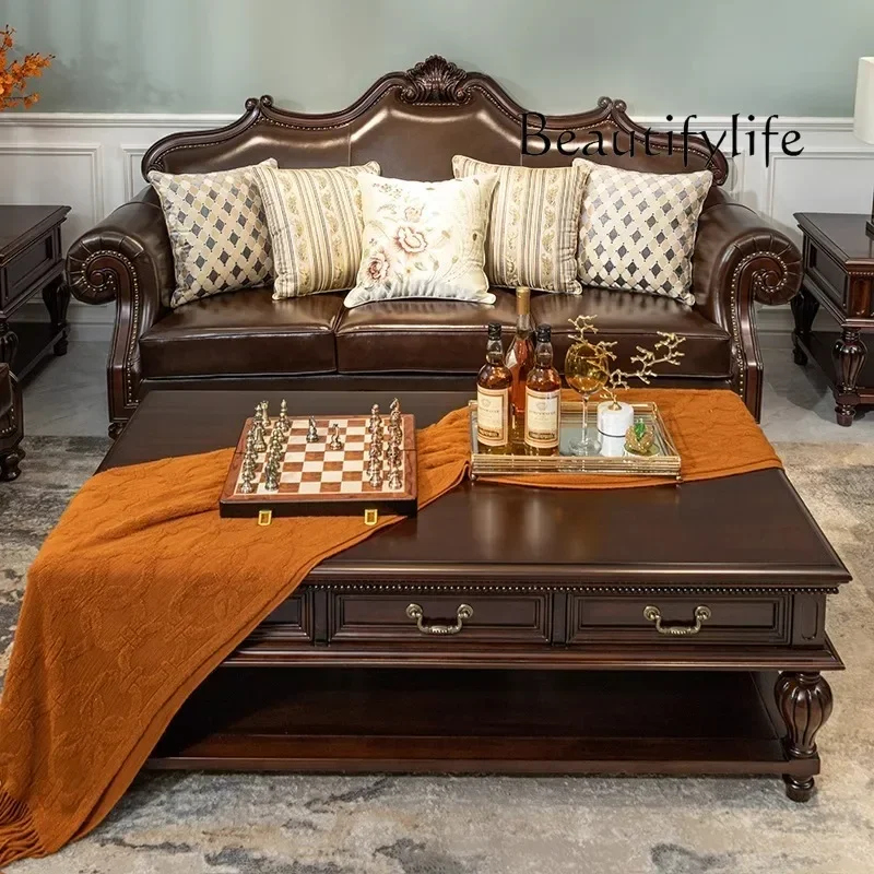طاولة قهوة من الخشب الصلب الأمريكي من QQ، تخزين مستطيل من خشب الجوز، طاولة شاي متكاملة، فيلا فاخرة