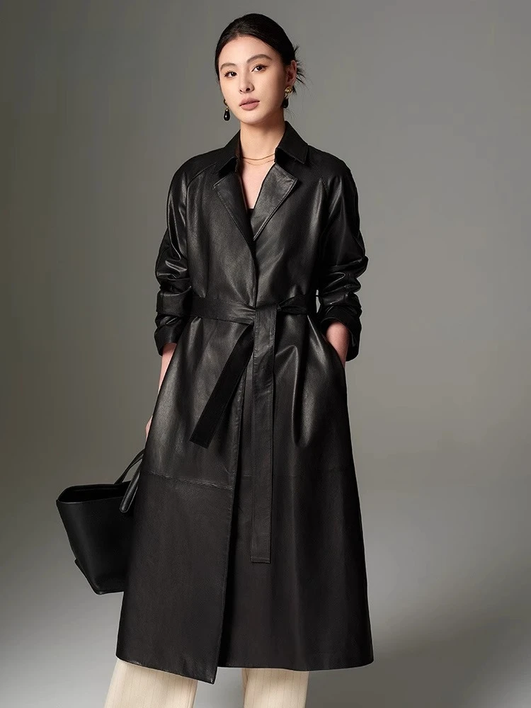 

Elegant Long Genuine Leather Jackets Women High-end Simple Loose Soft Black Real Sheepskin Trench Coat with Belt casaco feminino