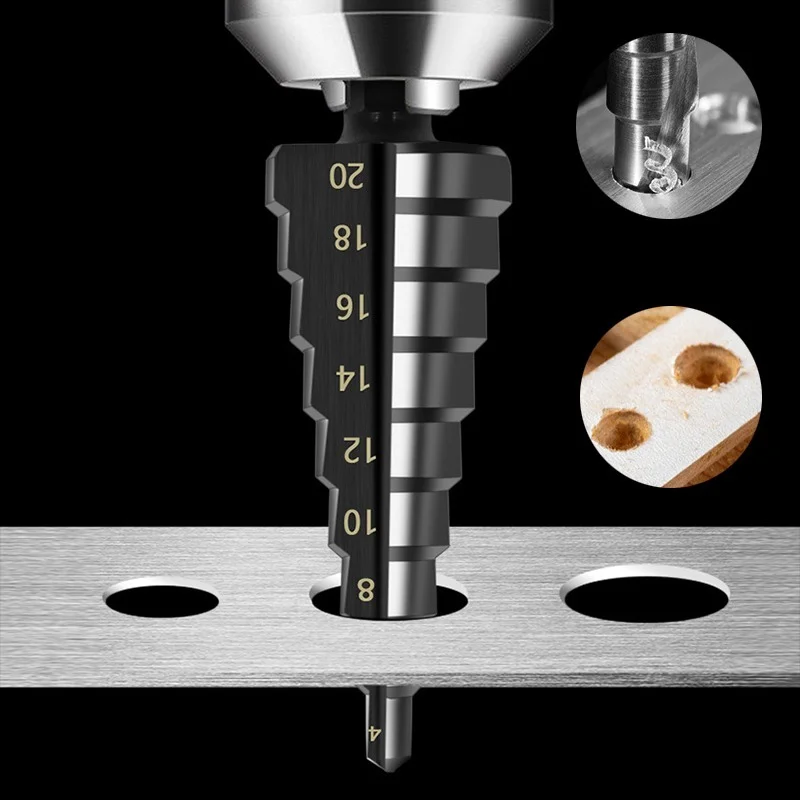 STONEGO Broca escalonada de ranura recta, broca cónica de vástago hexagonal HSS recubierta de nitruro para cortar agujeros en madera, plástico,