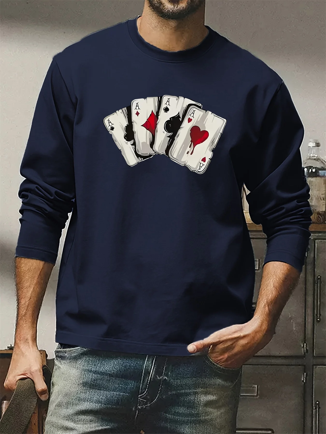 100% katoenen heren T-shirt met lange mouwen, ronde hals, losse pokerkaartpatroon, bedrukt herfst- en winter-T-shirt, casual, veelzijdig