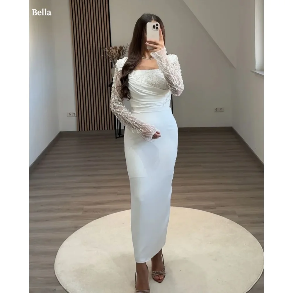 

Bella Индивидуальные белые жемчужные платья с квадратным воротником и бисером, вечерние платья с длинными рукавами, шифоновое платье для выпускного вечера длиной до щиколотки