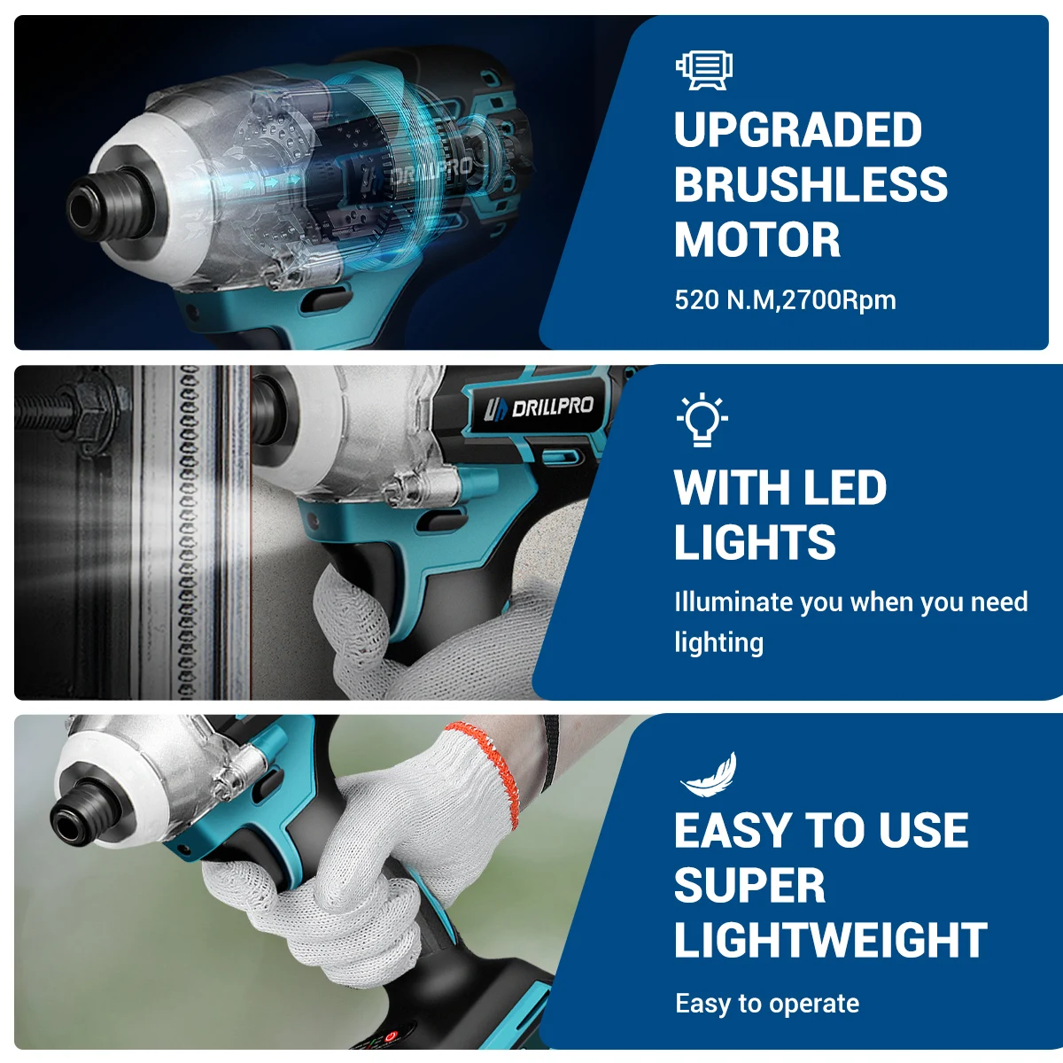 Drillpro 520N.M Brushless Electric Impact Wrench Ratchet Cordless 1/2 inch  Screwdriver Power Tools for 18V Battery