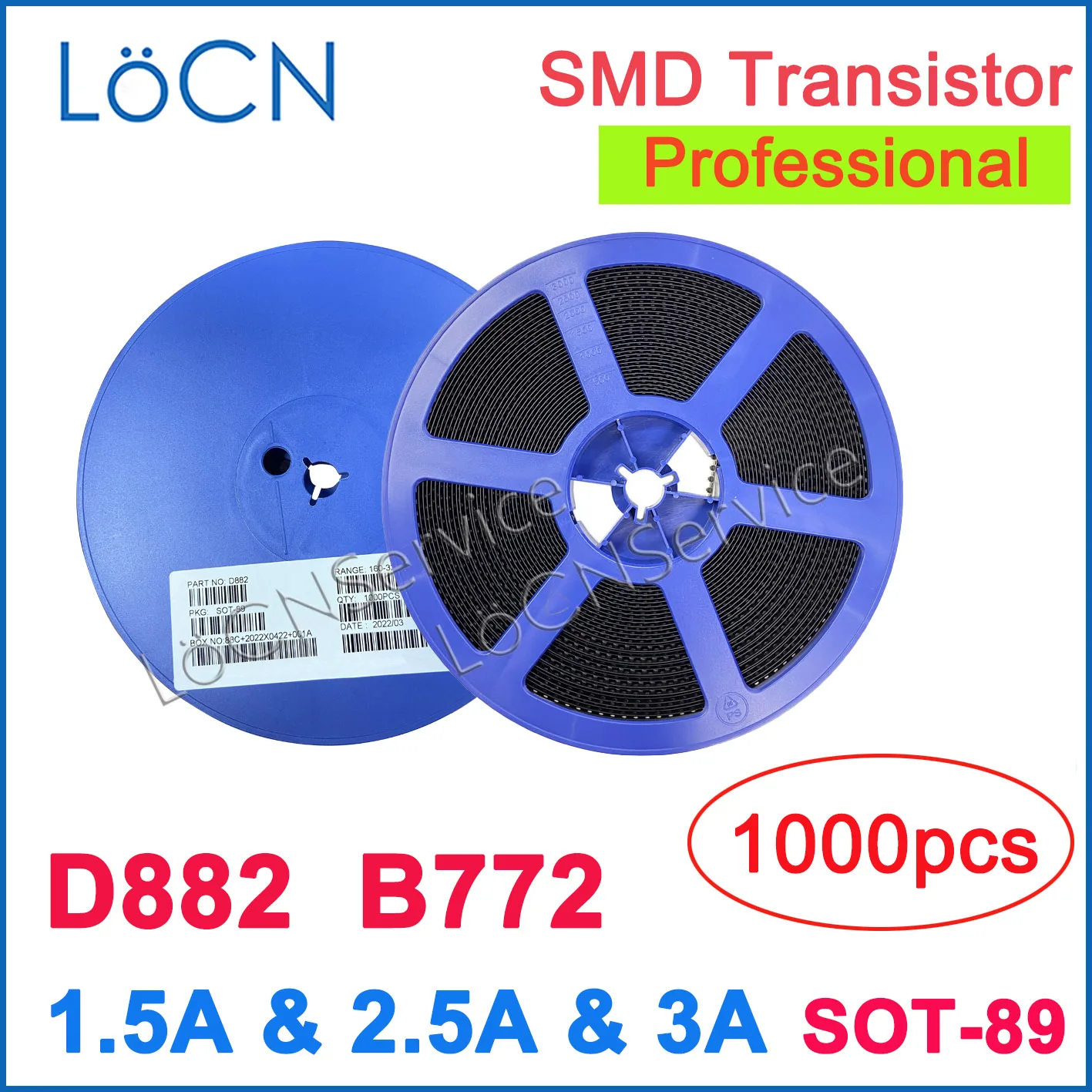 LoCN 1000PCS/REEL D882 B772 SOT89 1.5A 2.5A 3A SOT-89 SMD Transistor High Big Current Chip High Quality