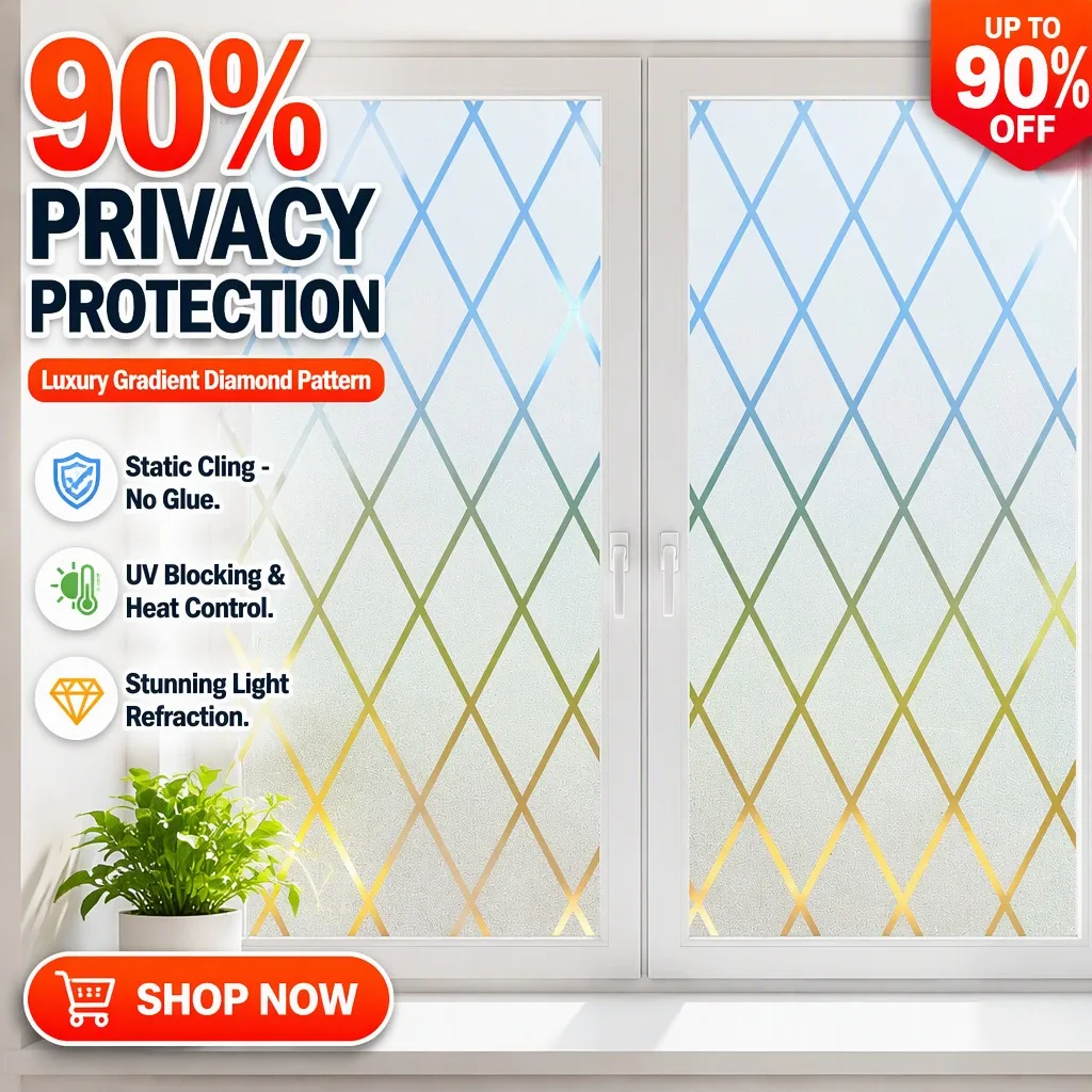 Gradient Diamond Pattern Privacy Window Film Roll Static Cling No Glue UV Block Heat Block Rainbow for Bathroom Home