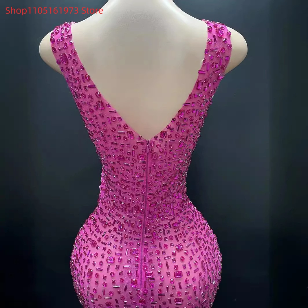 Robe de soirée en maille strass rose, tenue de spectacle sur scène, pour banquet, anniversaire, nouvelle collection