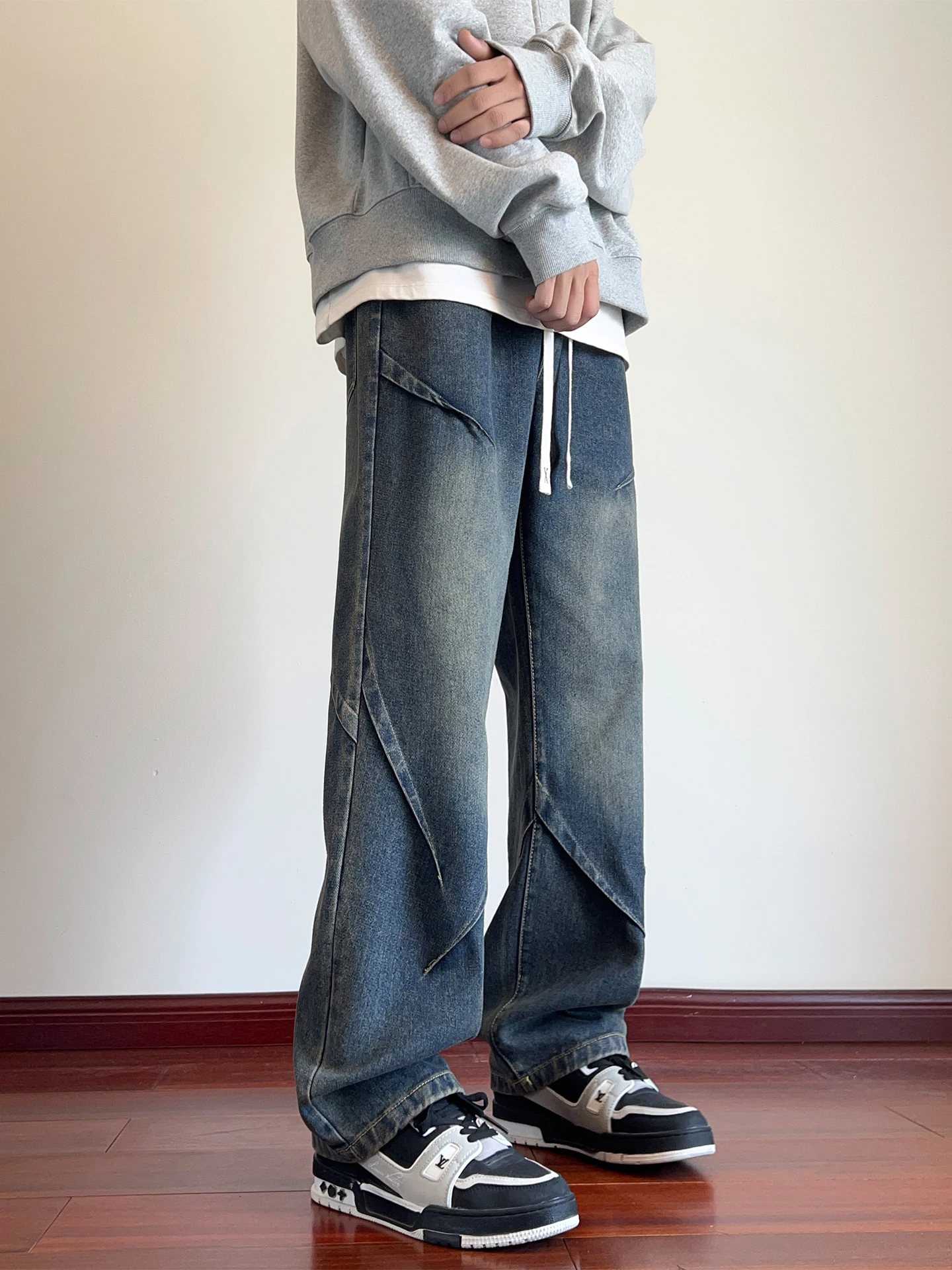 

Синие сложенные джинсы в стиле ретро, мужские весенние американские длинные брюки, прямые свободные брюки, повседневные износостойкие брюки