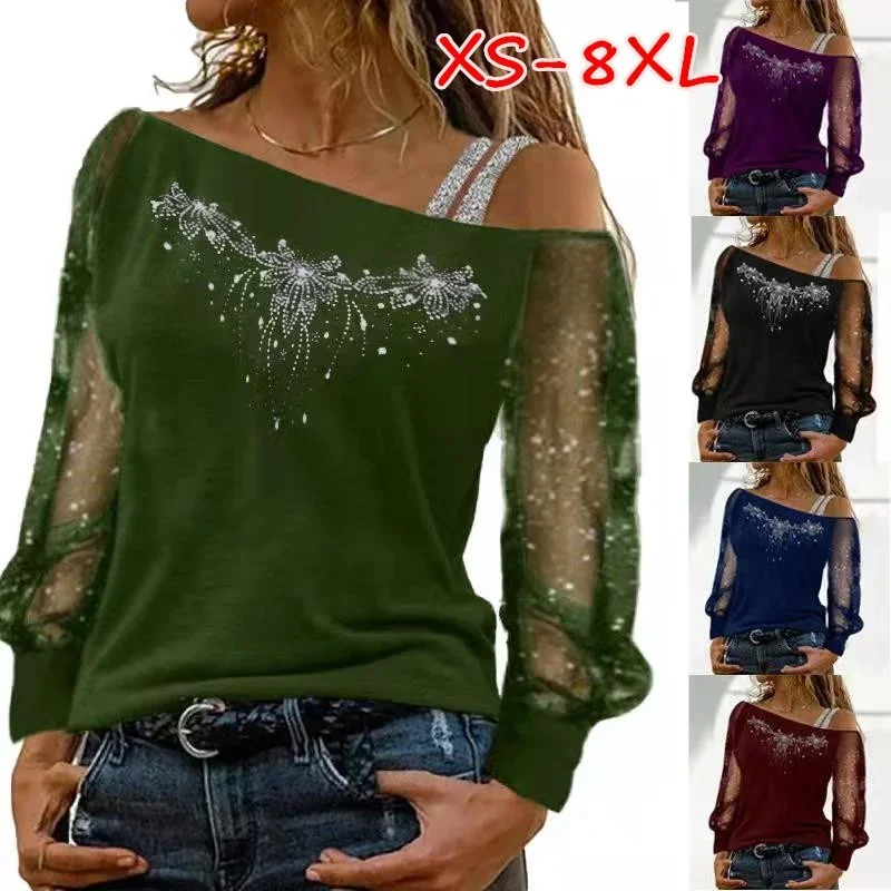 Women Fashion Casual Diagonal Collar Long Sleeve Tops Ladies Sexy Off Shoulder Chiffon Loose T-shirts Net Yarn Pullover Blouses