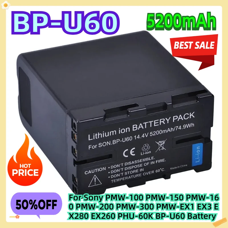For Sony PMW-100 PMW-150 PMW-160 PMW-200 PMW-300 PMW-EX1 EX3 EX280 EX260 PHU-60K BP-U60 Battery 5200mAh