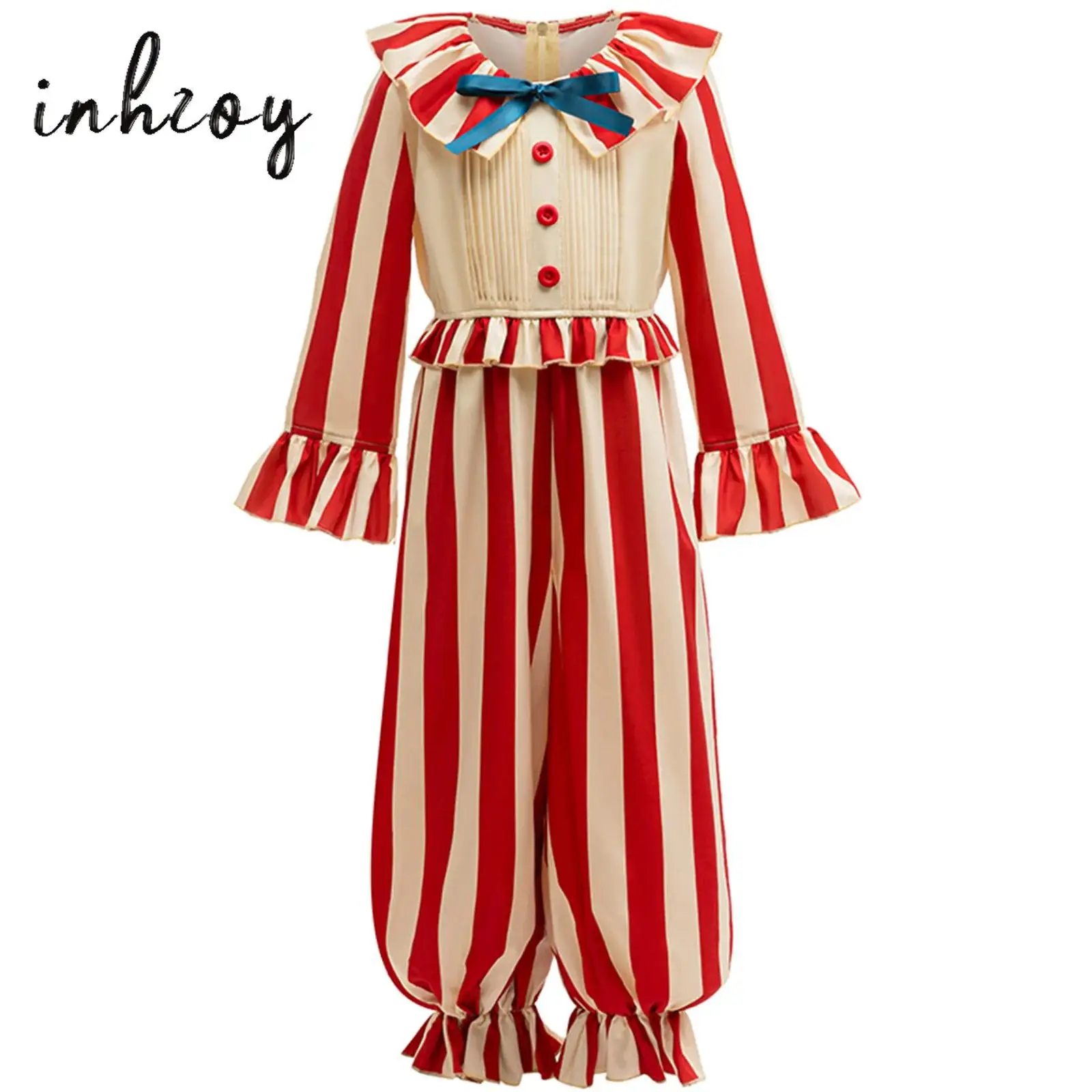 

Girls Boys Clown Role Play Costume Jumpsuit Strips Color Contrast Turn-Down Ruffled Collar Bow Tie Long Flare Sleeve Rompers Hot