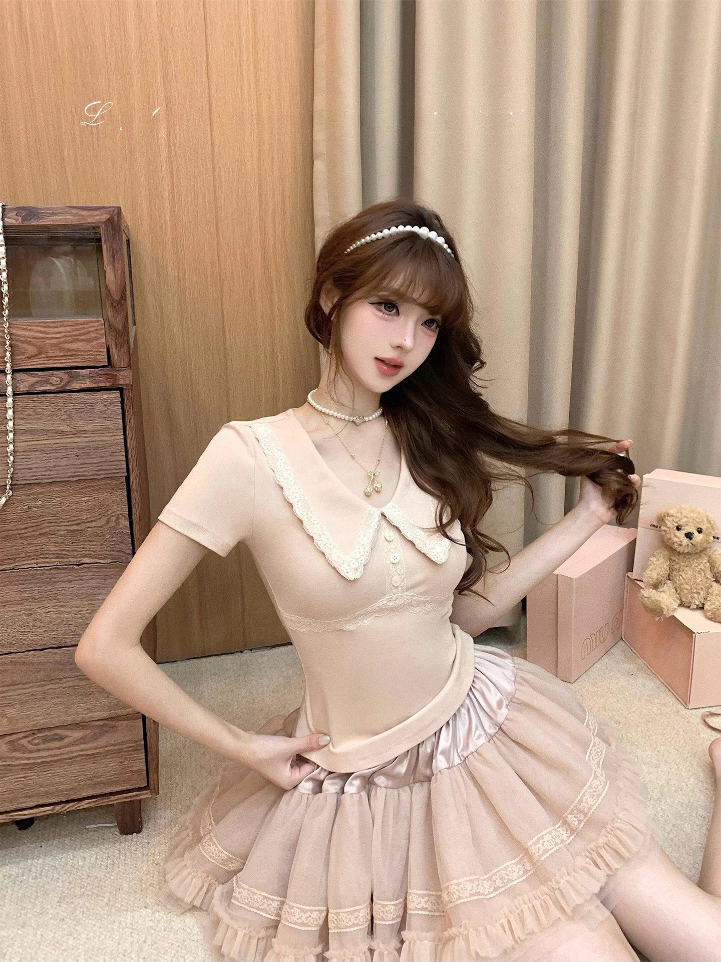 Soft Cotton Short Sleeve Lace Collar Top High Waist Sweet Style Contrast Color Block Shoulder T-Shirt for Women Lazy Didi