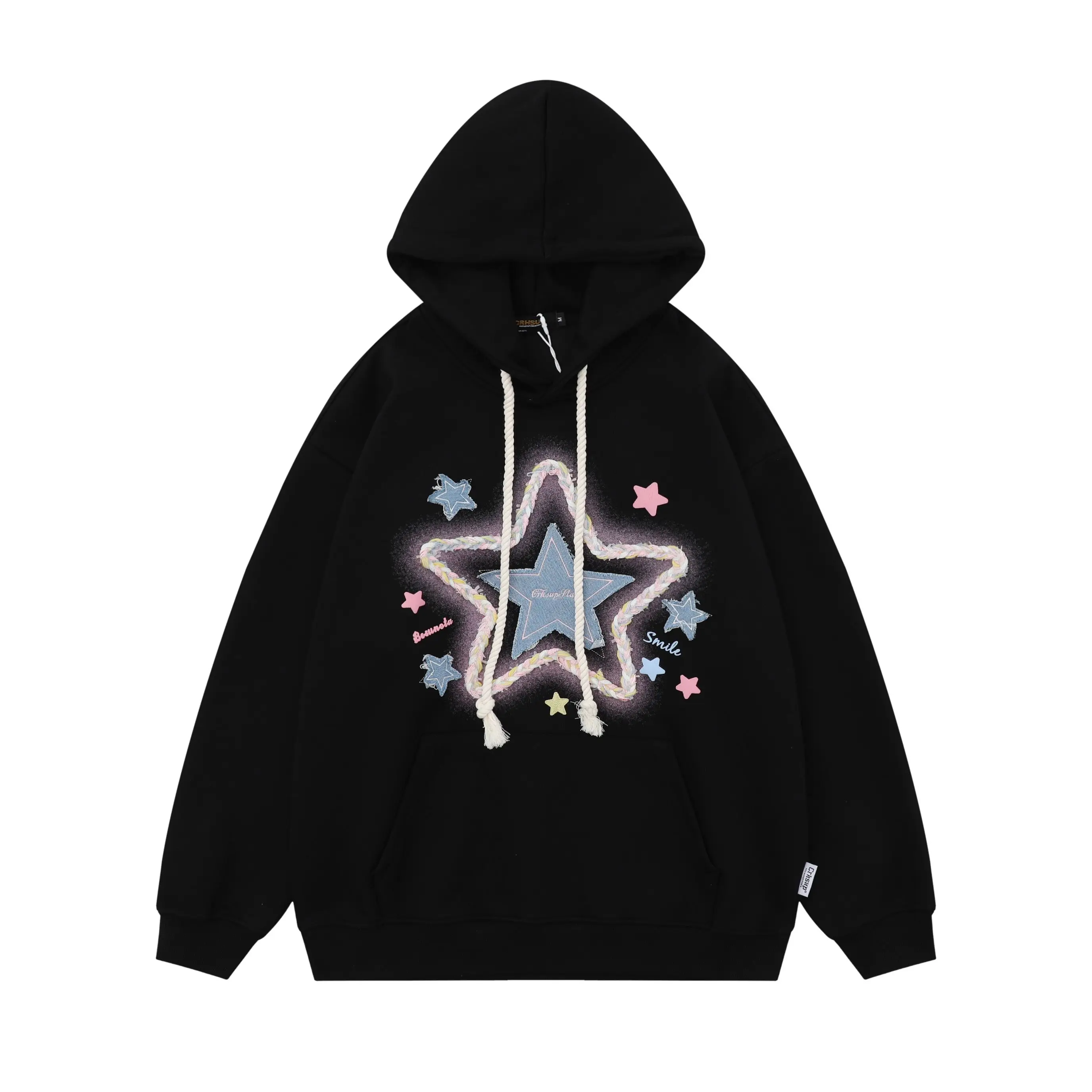 American Style Star Patch Fabric Design Women\'s Hoodie with Fleece Autumn and Winter New Style Sweet and Lazy Loose Hooded Top