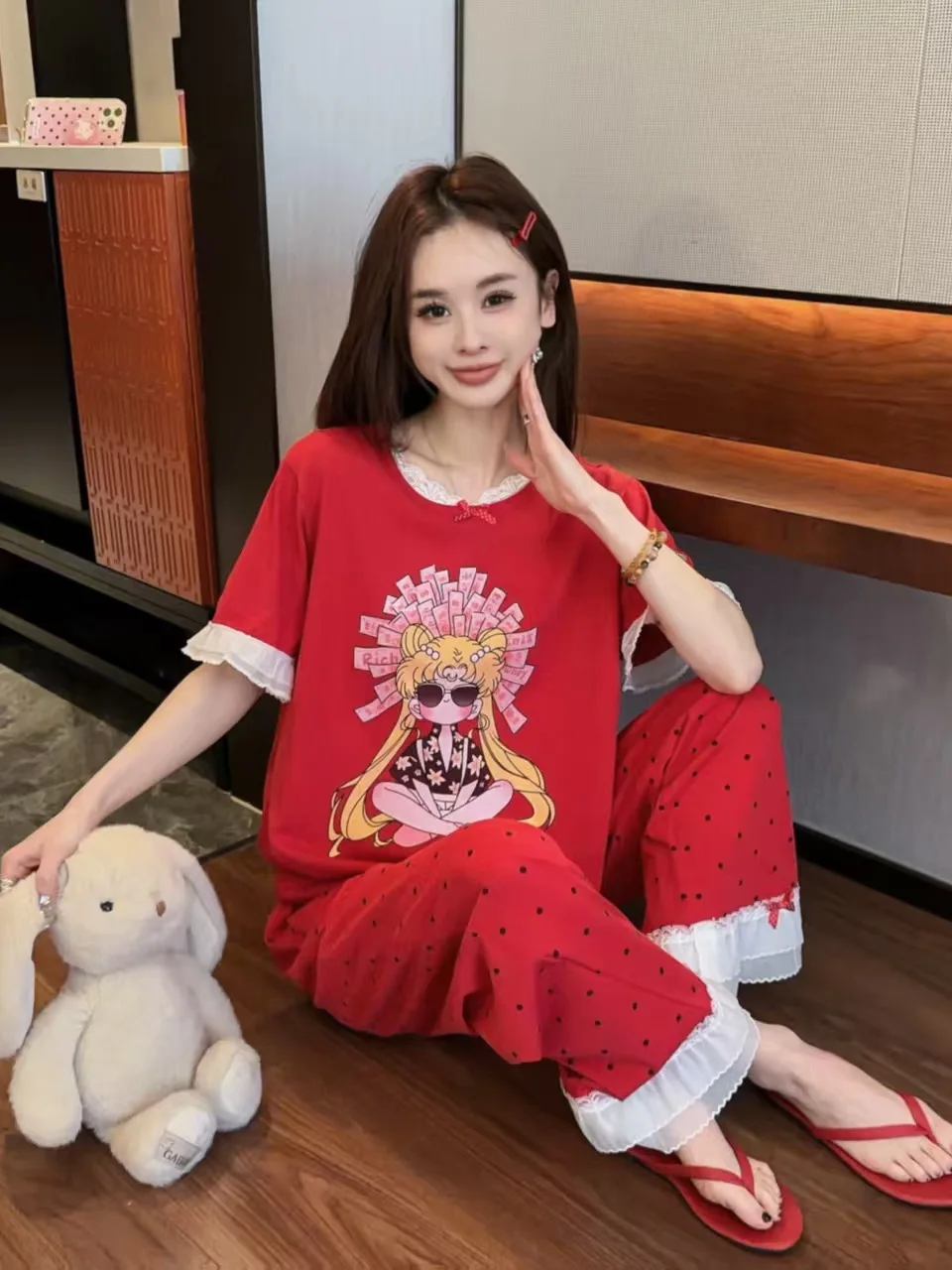 spring-cotton-pajamas-red-lace-trim-short-sleeve-long-pants-thin-home-clothes-comfortable-sleepwear-for-girls-home-leisure