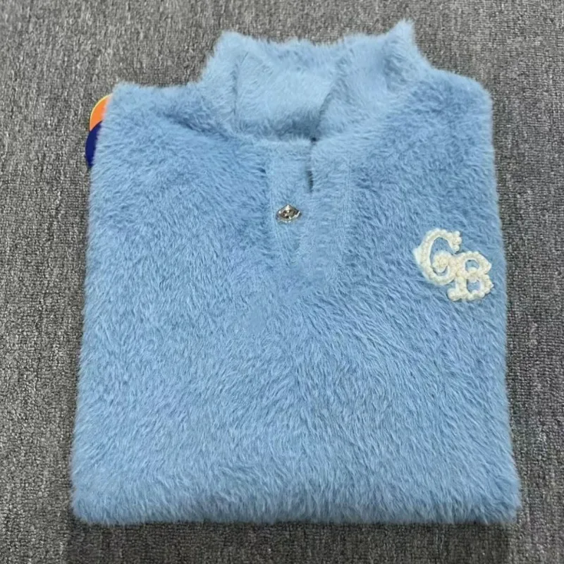 Winter New Mink Fur Collar Long Sleeved Sweater Blue GOODBRAND Pullover Fashion Streetwear Pearl GB Logo Casual Men Women Tops