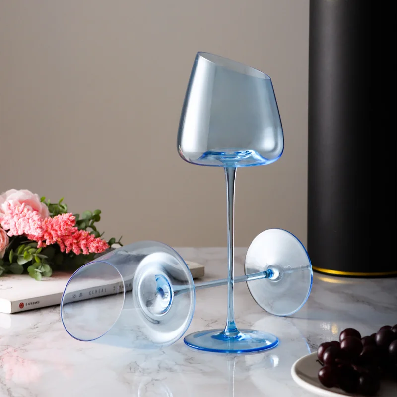 French Pink Flamingo Red Wine Glasses Set Crystal Glass Goblet Creative Inclined Mouth Concave Bottom Champagne Wine Cup Blue