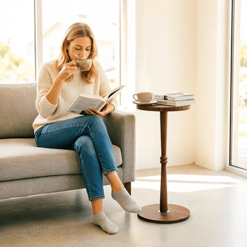 Small Side Table Living Room, Brown Round Corner Table for Small Spaces, Coffee Table with Pedestal Accent for Living Room image 4