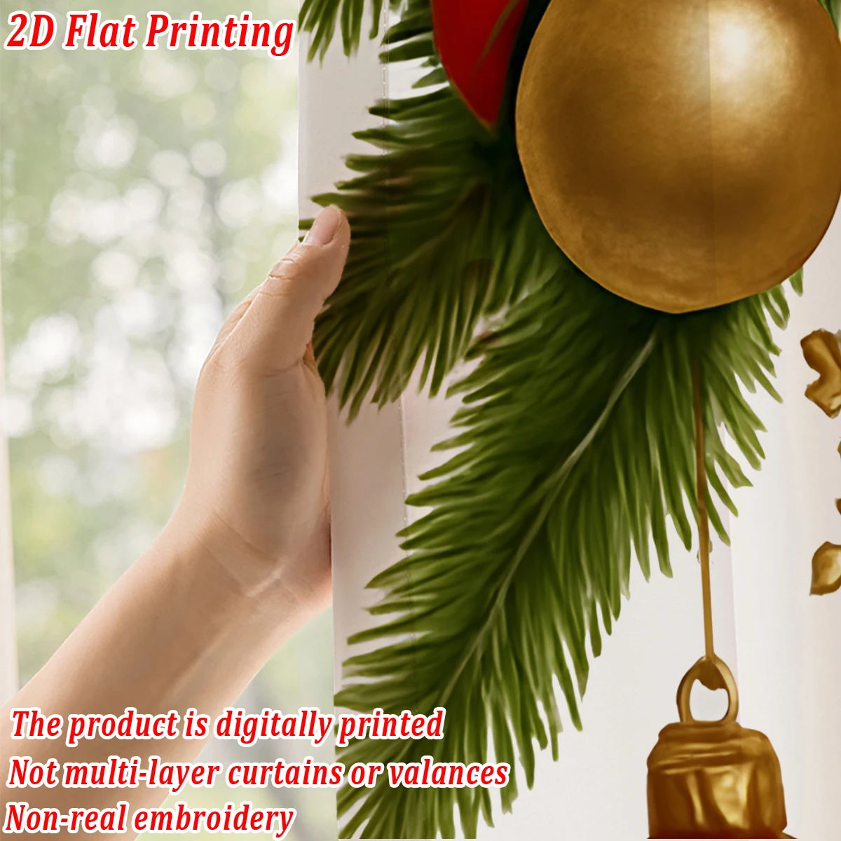 Christmas Flat Printing Sheer Curtain with Christmas Ball Snowflak Bow Pinecone for Living Room Bedroom Decor Holiday Party