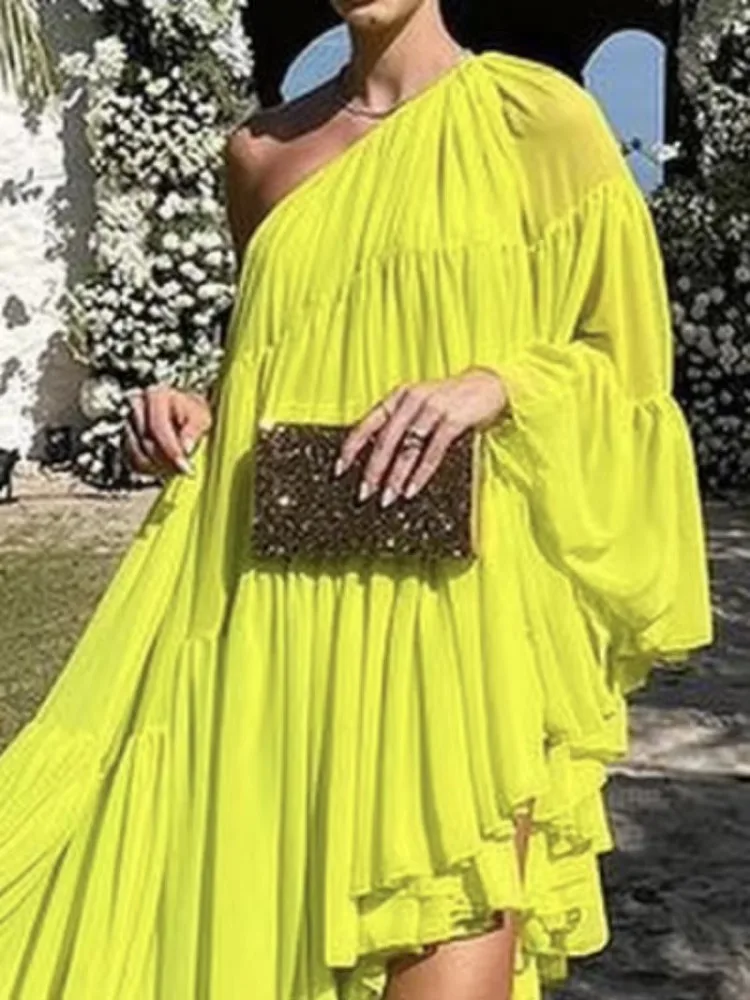 Freeacy Female Fashion Irregularity One-Shoulder Party Prom Dress 2024 Summer Solid Color Vacation Beach Maxi Dresses For Women