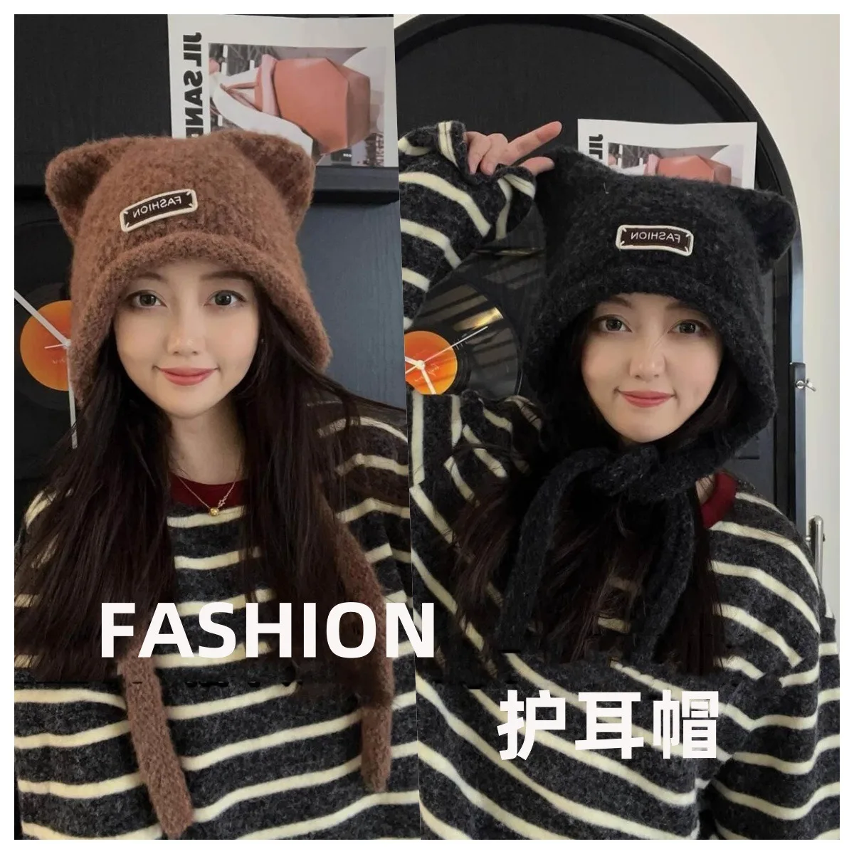 

2025 Winter New Style Warm Cycling Hat with Fur Ears and Knitted Braided Pattern-Can Be Used as a Bag