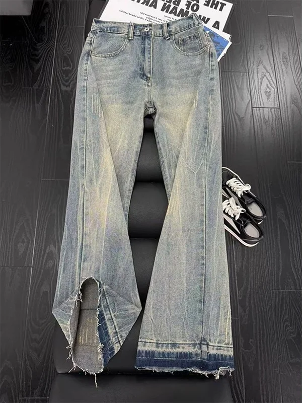 Calças Jeans Americanas com Estampa de Raios para Homens e Mulheres, Primavera Outono, Es, Modeladoras, Boca de Sino, ...