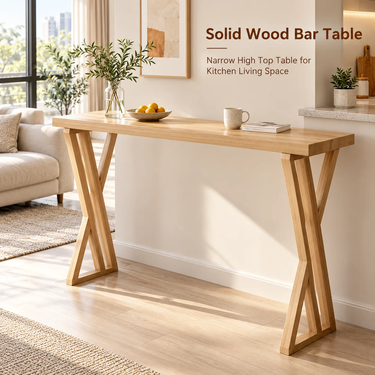 AOLIVIYA Solid Wood Bar Height Table 47 Inch Narrow Pub Console Coffee Table Nordic Pine Breakfast Bar For Kitchen Living Room