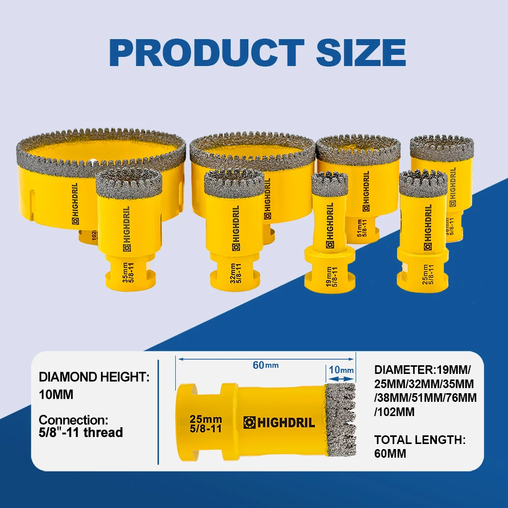 Imagem -02 - Highdril-broca Serrilhada de Diamante 5811 Dia 19 25 32 35 38 51 76 102 mm para Cerâmica Granito Mármore Pedra Concreto Vidia Drill1pc