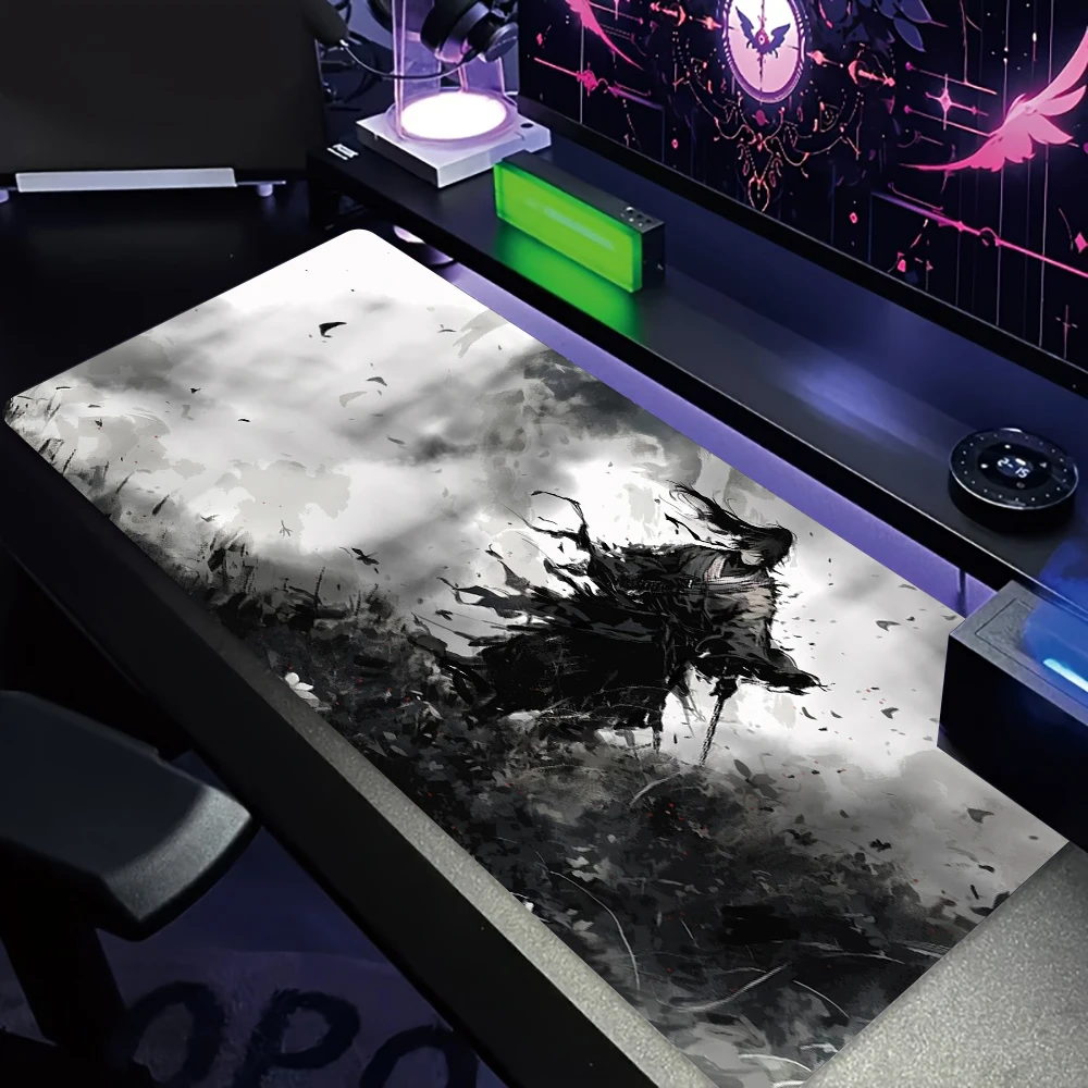 حصيرة مكتب كبيرة بتصميم الساموراي باللونين الأبيض والأسود مع حافة مخيطة غير قابلة للانزلاق، حصيرة طاولة ممتدة