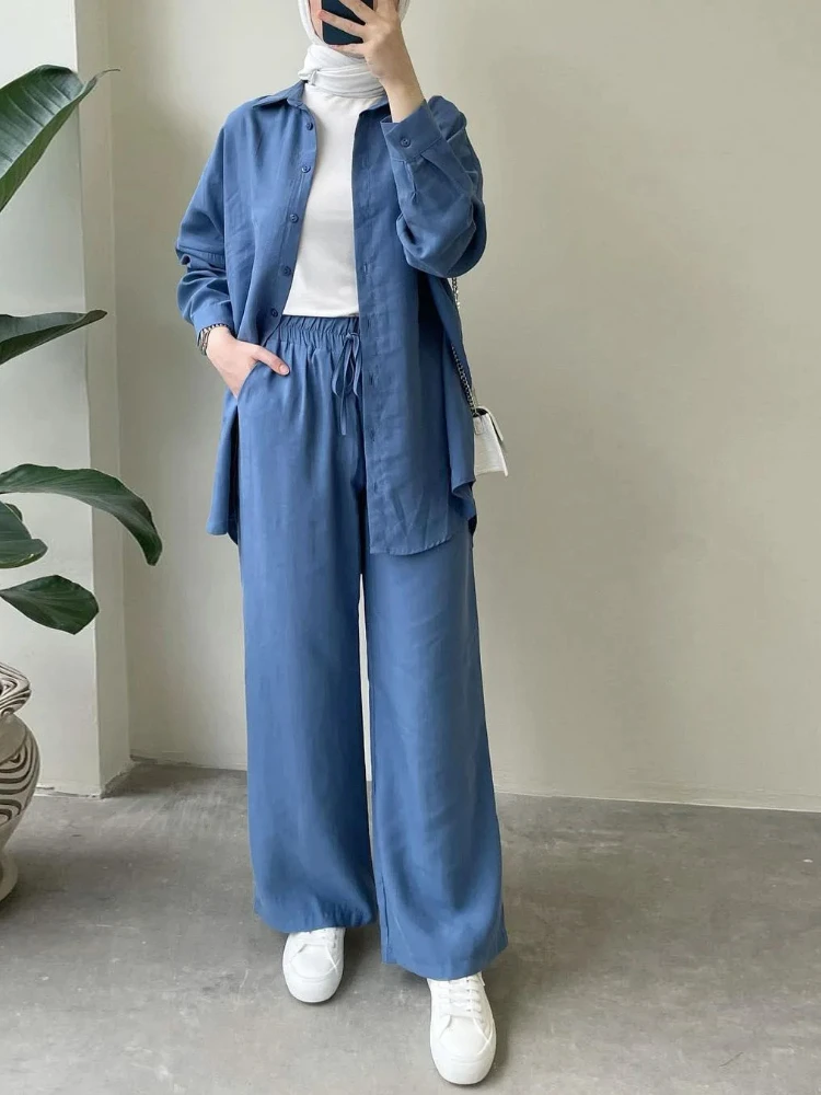 

Women Eid Muslim Sets Two Pieces Morocco Ramadan Drawstring Ensemble Kaftan Button Blouses Wide Leg Pants Sporty Pockets