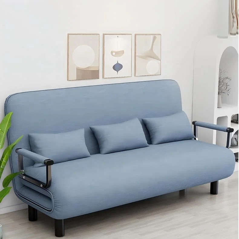 #Blue Linen Fabric 2 Seater Foldable Sofa Bed Convertible Sleeper with Metal Armrests & Pillows Modern Small Space Living Room