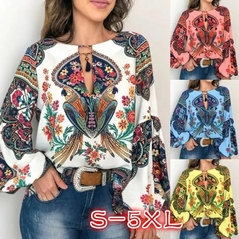 

2024 Spring Summer New Fashion Digital Printed Women Shirt Round Neck Lantern Sleeves Female Blouses