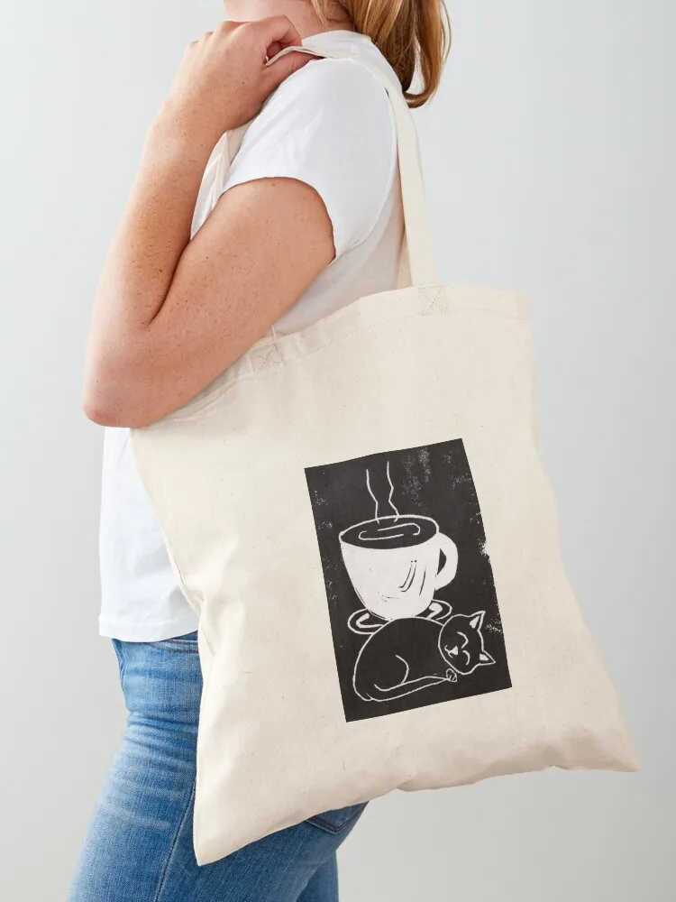 

Tiny cat with coffee (block print) Tote Bag reusable shopping bags tote bag university shopping bag Custom