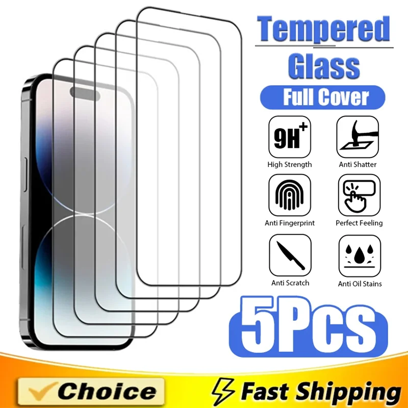 

5Pcs Tempered Glass For iPhone 16 11 12 13 14 15 Pro Max Mini 7 Plus Full Cover Screen Protector For IPhone 11 XR X XS MAX 16E