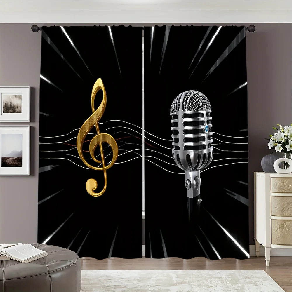 2pcs Music Curtains Golden Treble Clef Microphone Print Drape Living Room Bedroom Window Treatment Musical Home Decor Panels