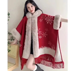 21 Style Christmas Winter Women Thicken Velvet Warm Faux Fur Loose Poncho Capes Streetwear Tassel Long Cloak Overcoat With Hat