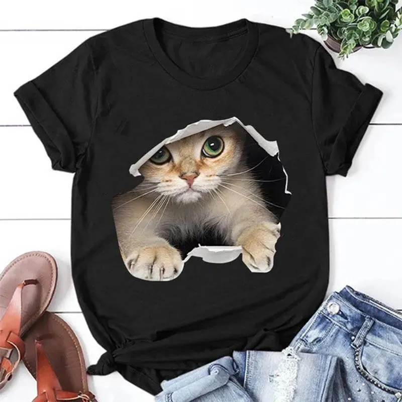 Summer Loose Women\'s T-Shirt High Quality 3D Cat Pattern Printed Short Sleeve Plus Size Women\'s Short Sleeve T-Shirt CCXX002