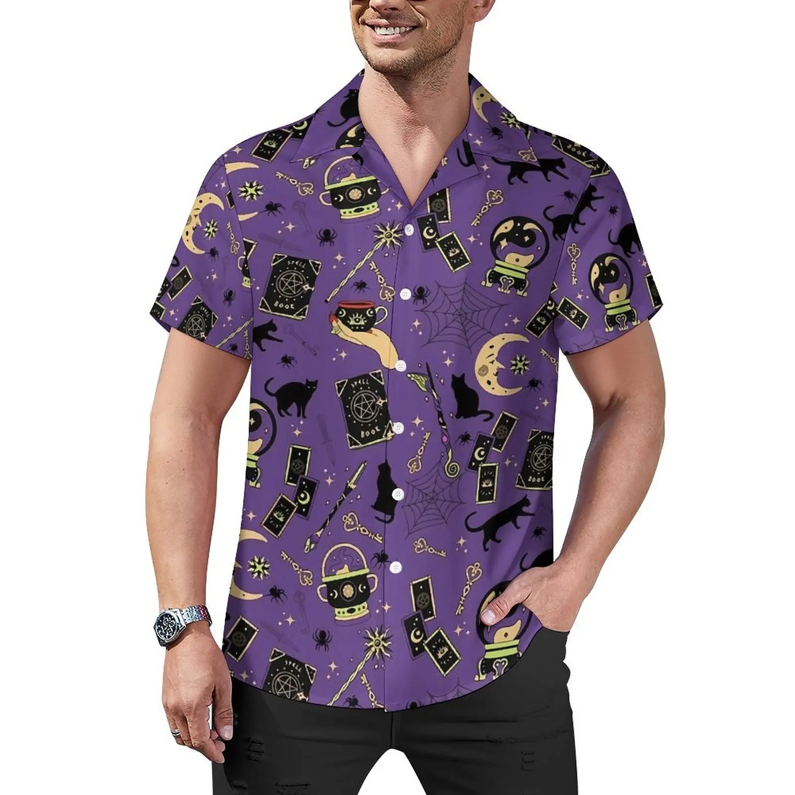 

Black Magic Cats Beach Shirt Man Moon Print Novelty Casual Shirts Hawaiian Short Sleeve Y2K Street Design Plus Size Blouses Gift