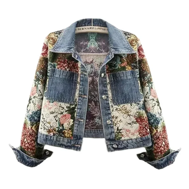 

Printed Patchwork Lapel Denim Coat Women Long Sleeve Spring Autumn Jacket Fashion Vintage Short Outerwears Single Breasted Coats