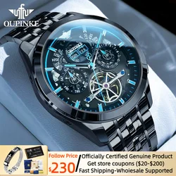 OUPINKE Black Stainless steel Automatic Watch for Men Luxury Flywheel Design Multifunctional Men's Wristwatches Swiss Brand