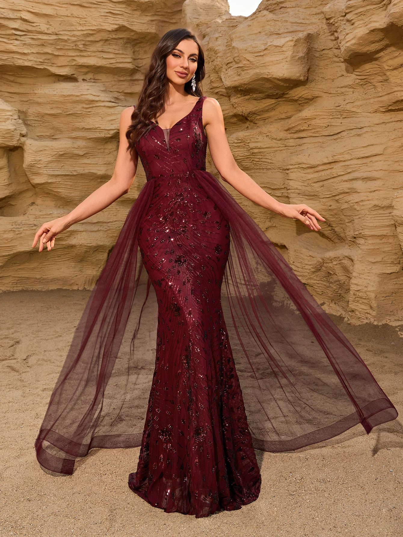 

XUCTHHC Red Evening Gown V-Neck Sequin Mermaid Wedding Party Dress Long Christmas Birthday Formal Ball Gown