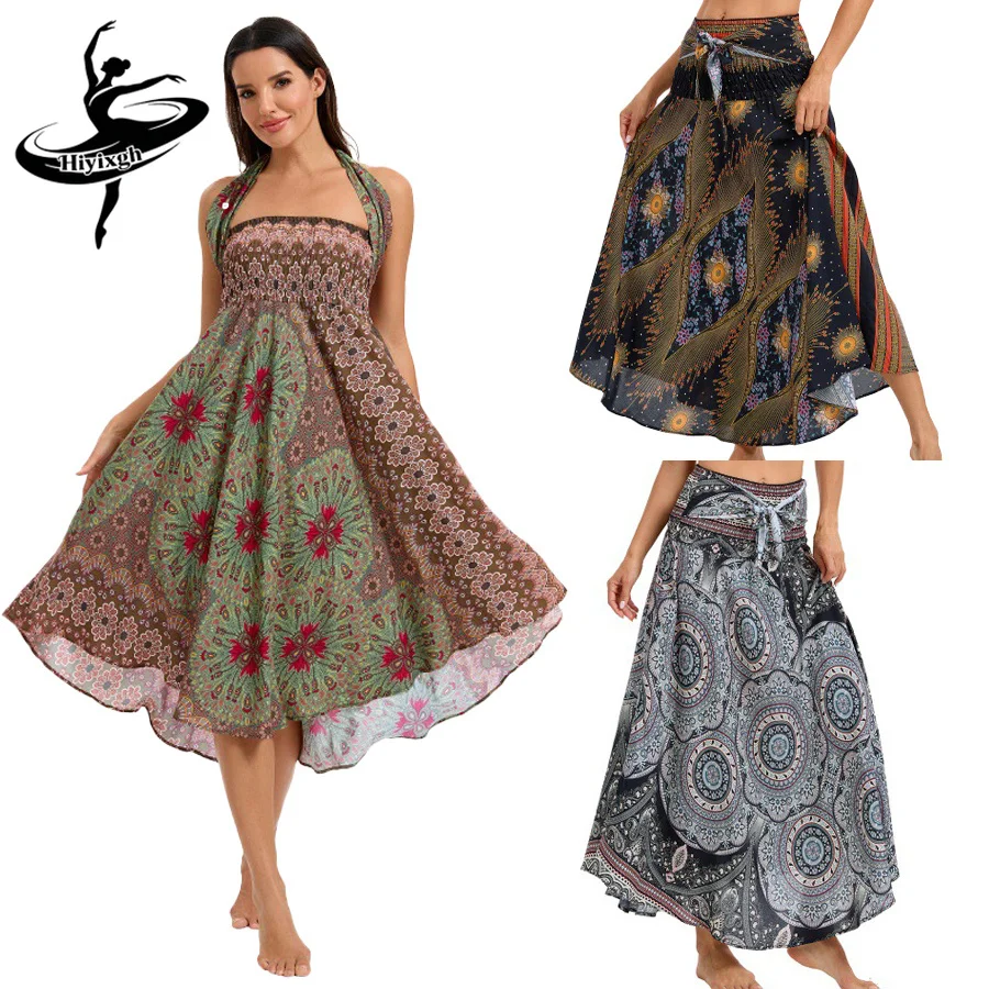 Women Bohemian Long Dress Rayon Summer Beachwear Adult Vacation Boho Dress Bandage Halter Hippie Vintage Skirts 2026 New