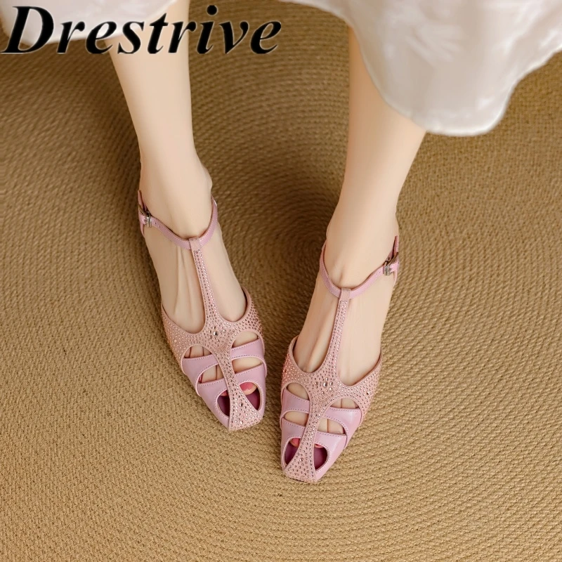 

Drestrive 2025 Handmade Women's Sandals Round Toe Sheep Patent Leather Thick Low Heels Buckle Fashion Summer Shoes