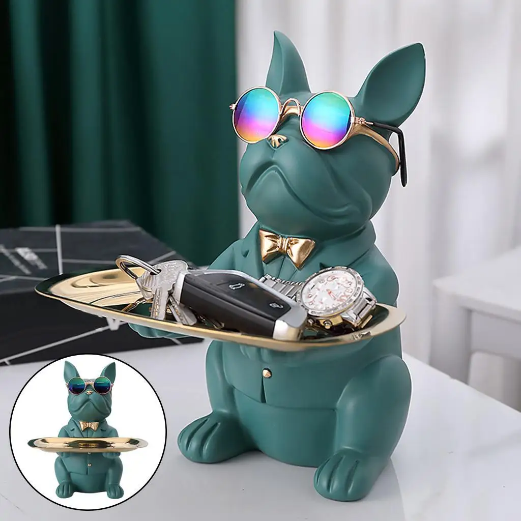 Adorable Resin Bulldog Statue Jewelry Keys Storage Holder Collectible
