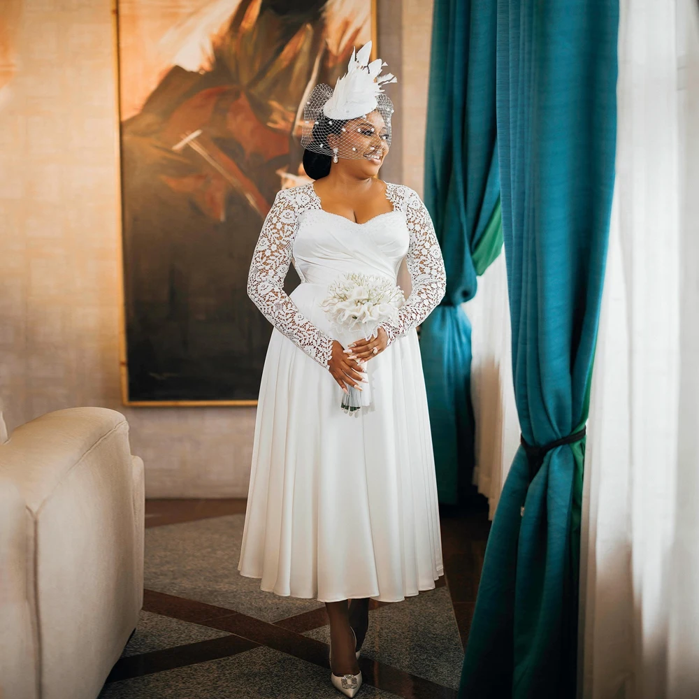 

Satin Wedding Dresses Bride Sweetheart Beaded A-Line Midi Bride Gowns For African Women Full Sleeve robe de mariée Customized