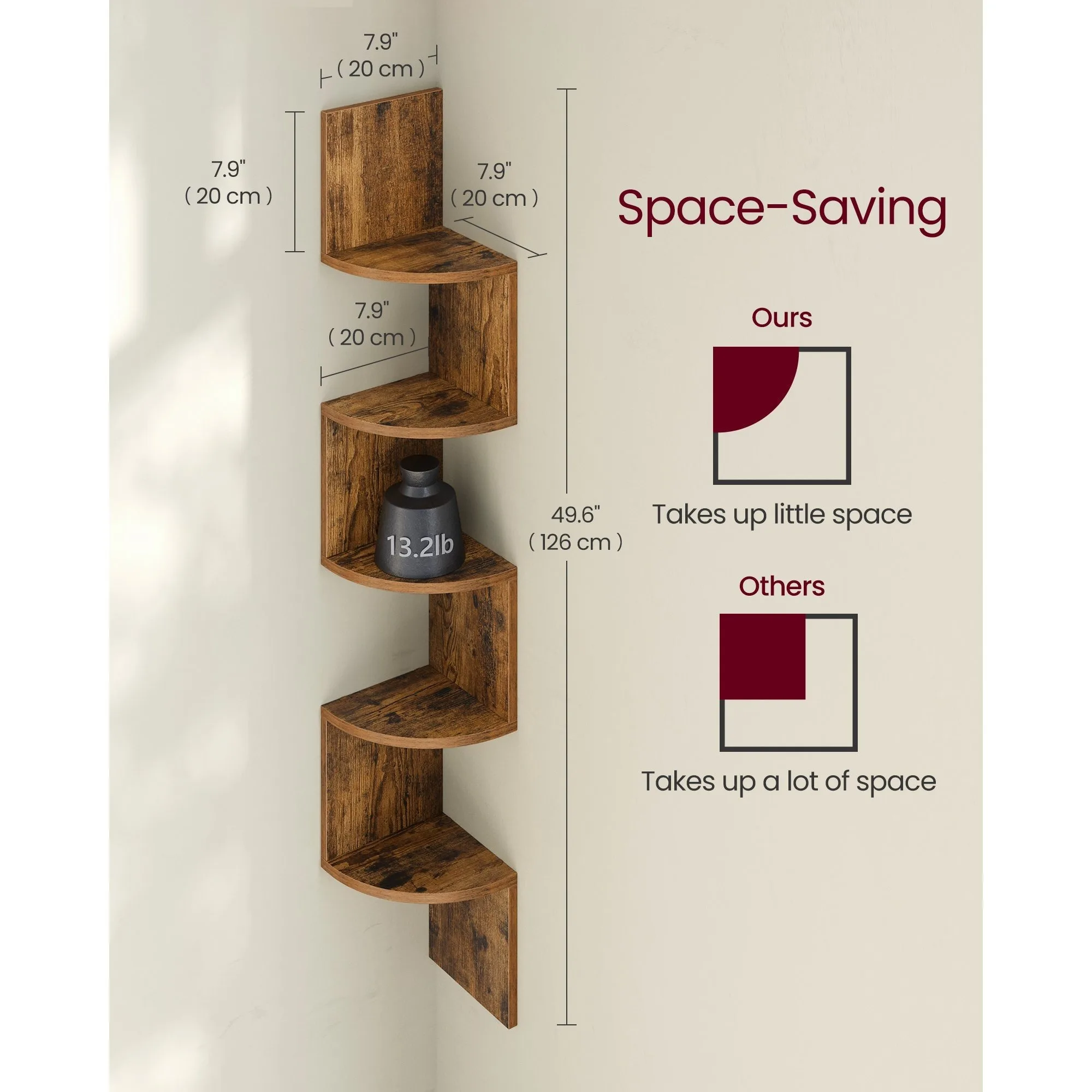 Corner Shelving Unit, 5-Tier Floating Wall Shelves, Zigzag Design, Bookshelf, Vintage Brown