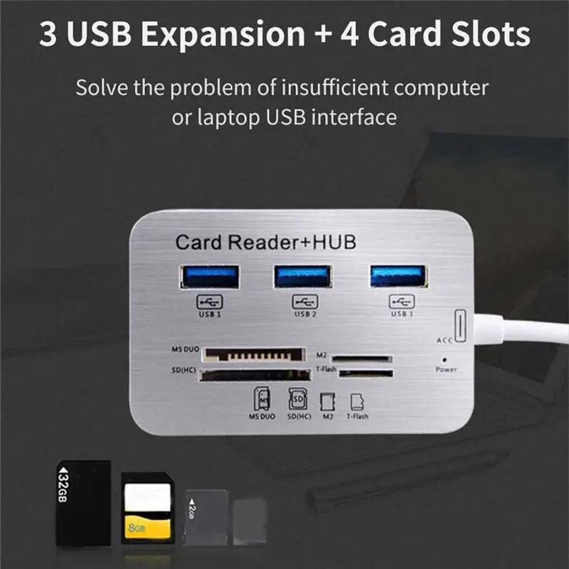 7 In 1 Docking Station 3 Port USB 3.0 Hub 4 Port Card Reader For Micro-SD M2 MS U Disk For Laptop PC Mouse Keyboard-New