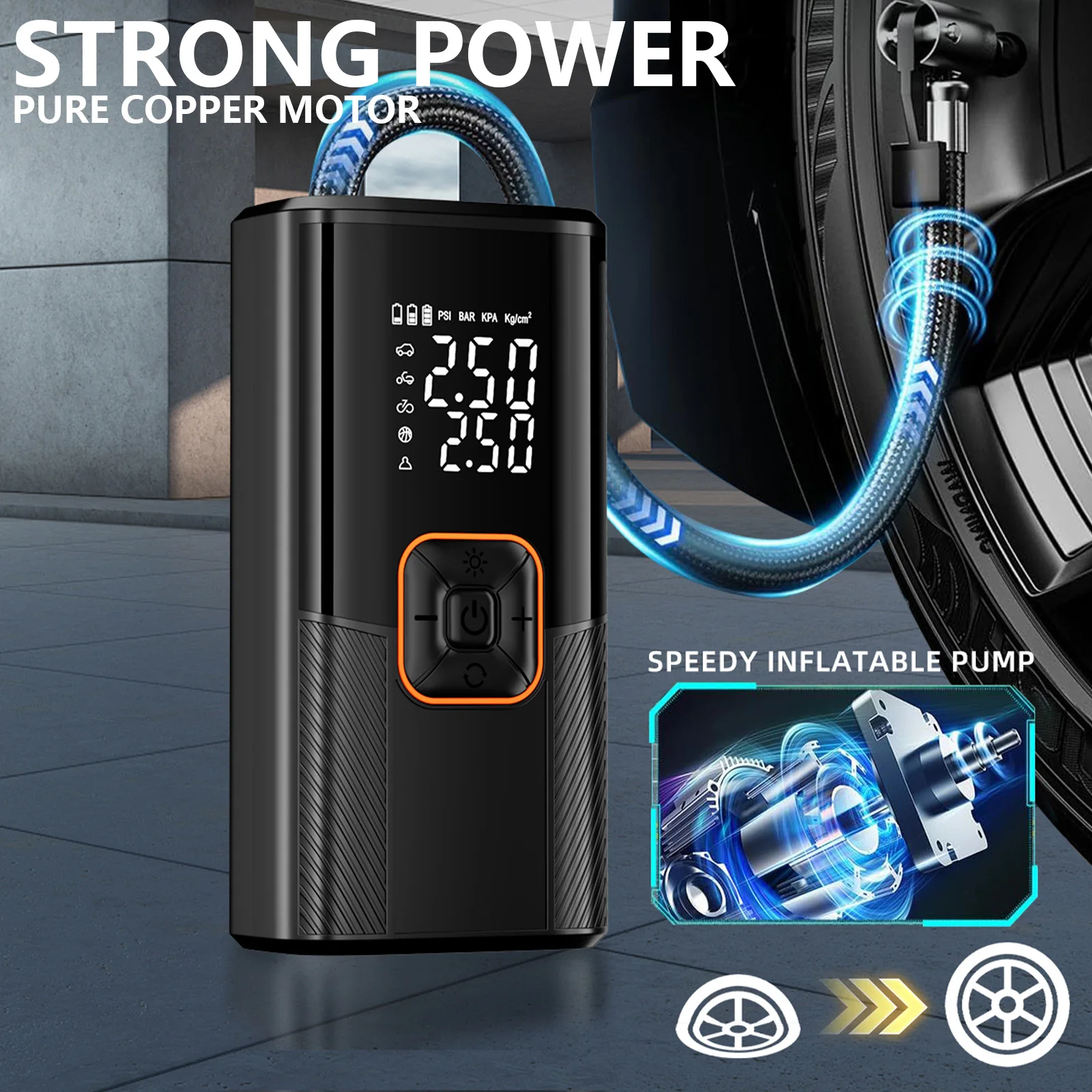 Portable Air Pump Cordless Car Tire Inflator USB C Fast Charging  With Large Capacity Battery And LED Light