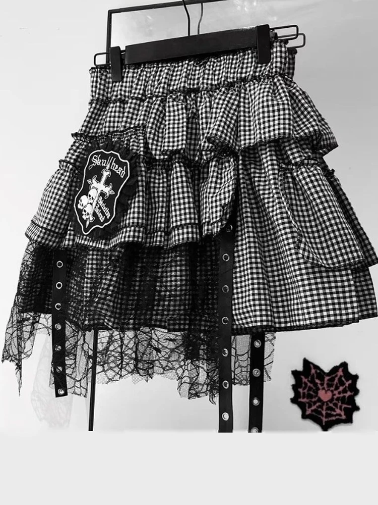 

Korean Girls Kawaii Punk A-Line Mini Skirt Harajuku Vintage 90s Black White Rock Cake Skirts Y2K Lace Ball Gowns Skater New 2024