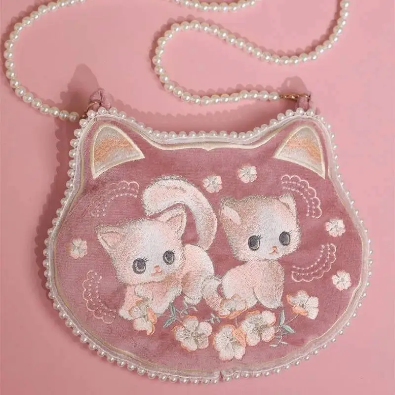 Sweet Lolita Style Cat Embroidery Messenger Bag Ancient Style Hanfu Bag Cosplay Princess Vintage Chinese Handbag Purse Wallet