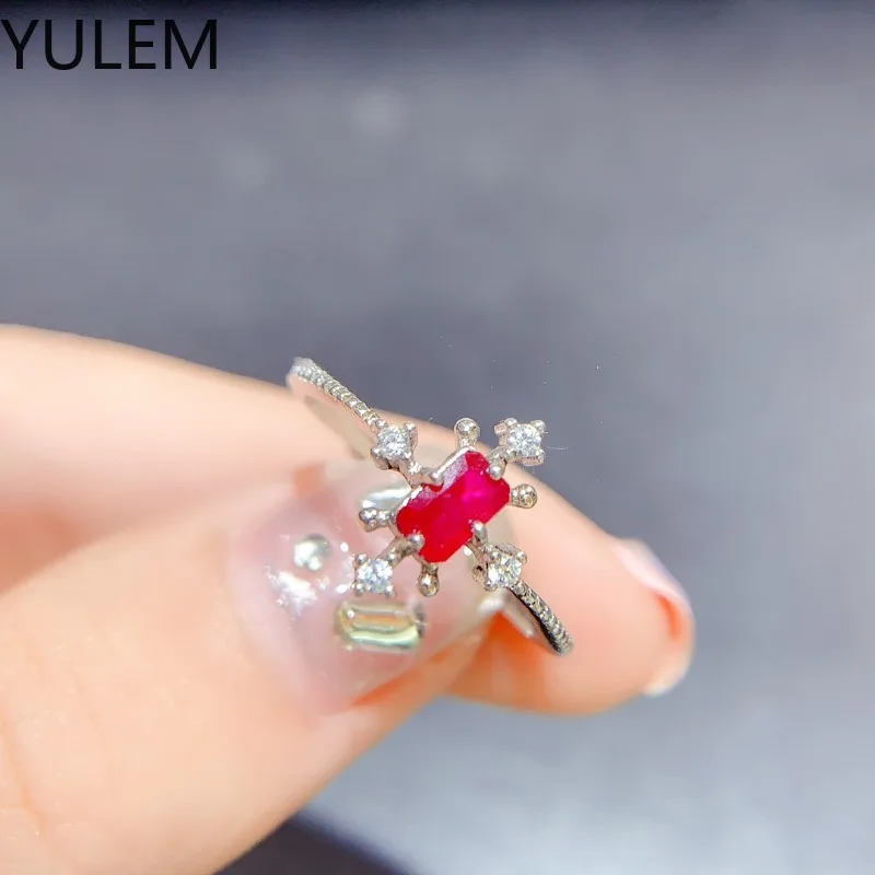 YULEM 100% Natural Myanmar Rectangle Ruby Ring for High-end Women 3*5mm Ruby Silver Engagement Ring 925 Silver Ruby Jewelry