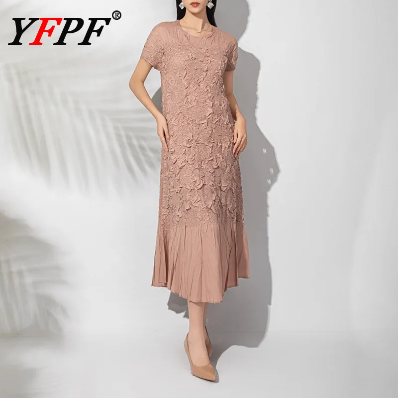 

YFPF Elegant Pleated Design Women's Dress O Neck Short Sleeve Solid Color Party Long Dresses Fashion 2026 New Clothing