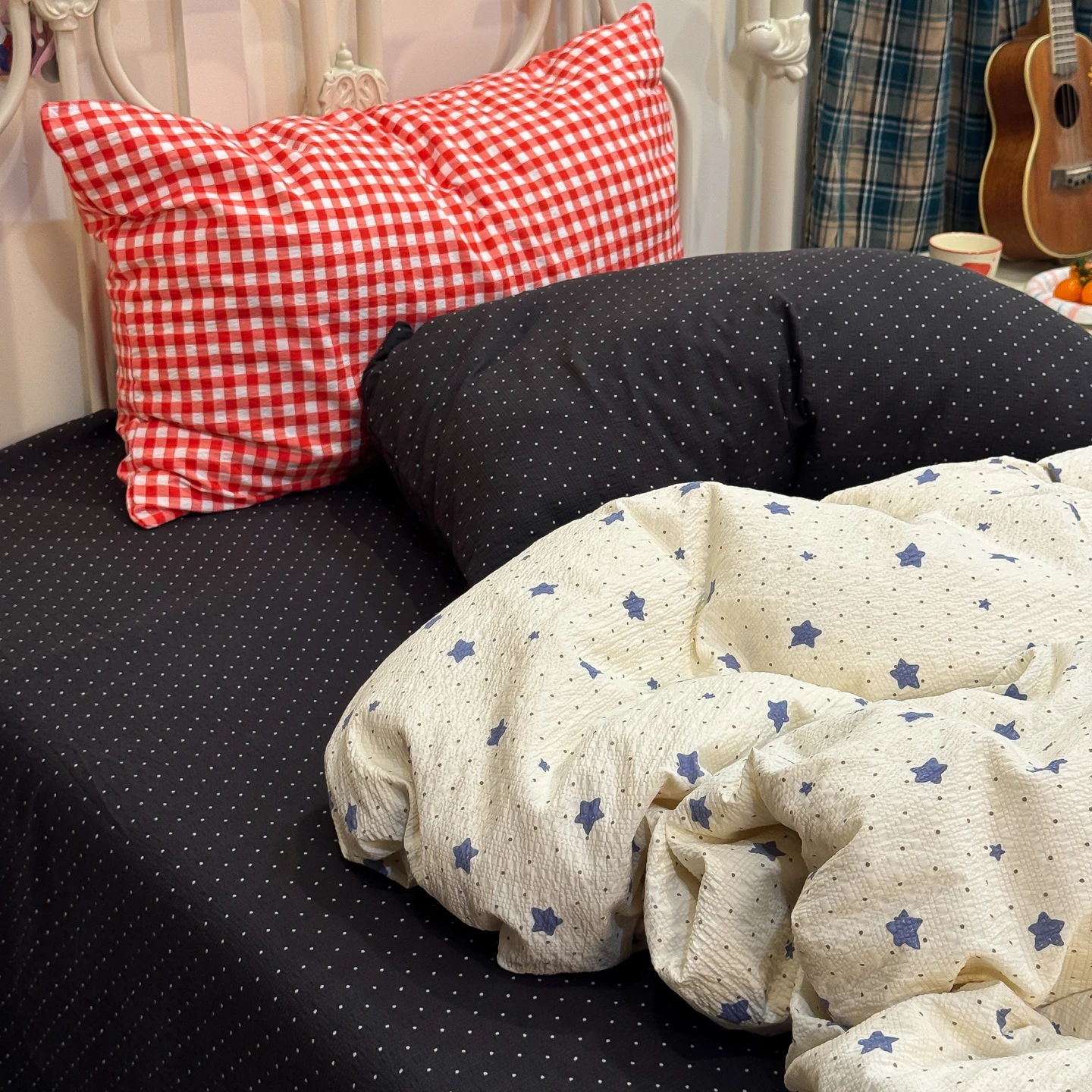 Ins-style Bedding Set White Stars Black Polka Dots Duvet Cover Set Sheet Set King Queen Size for Home Bedroom Decor Bithday Gift
